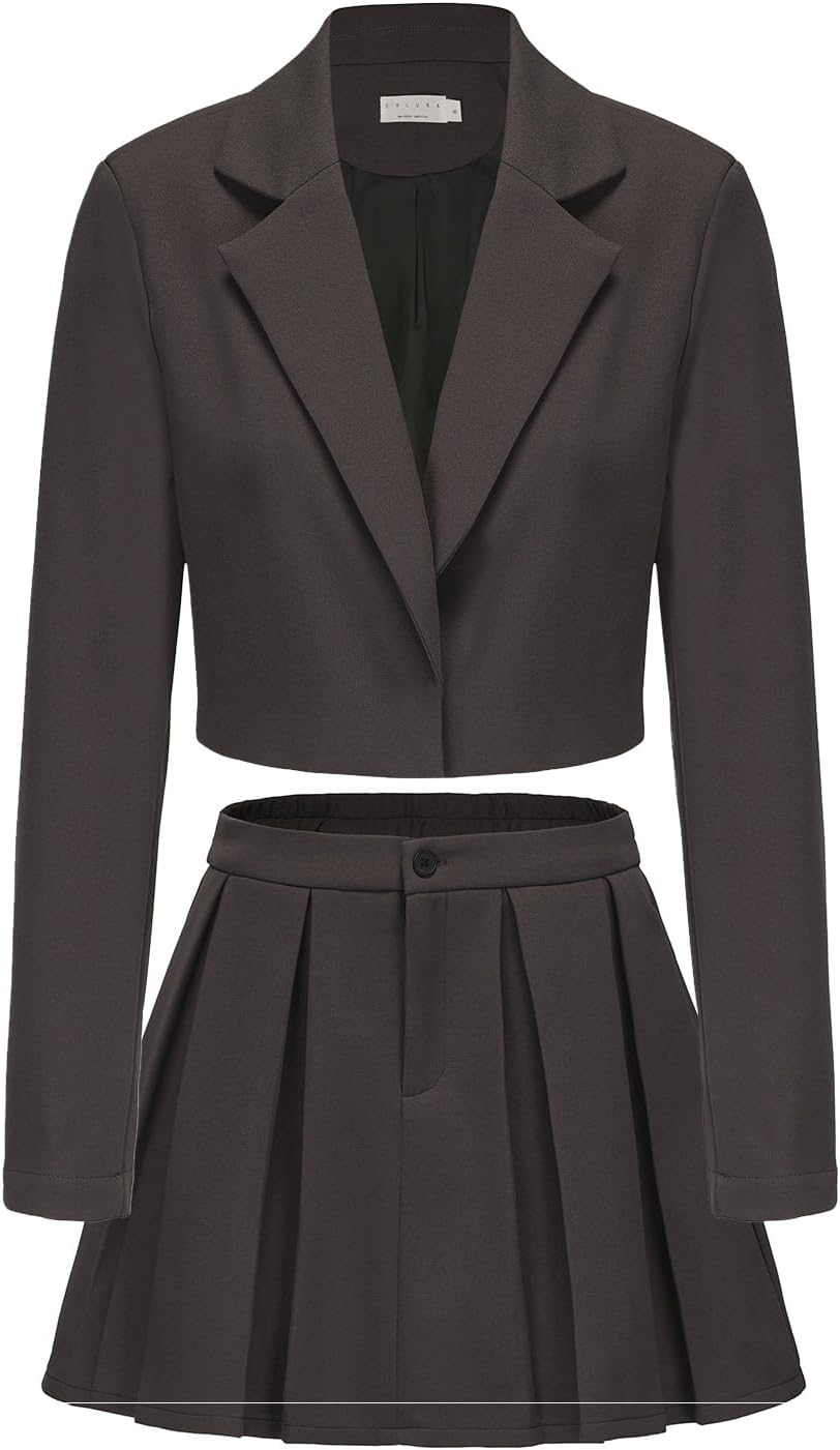 EXLURA Women's Long Sleeve Blazer Suit Sets with Pleated Skirt