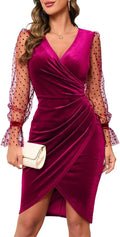 IHOT 2025 Women's Velvet Faux Wrap Bodycon Dress - Flattering Ruched