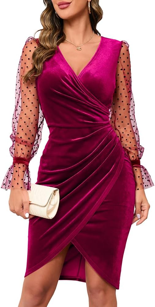IHOT Women's Sexy V Neck Long Sheer Sleeve Velvet Dress