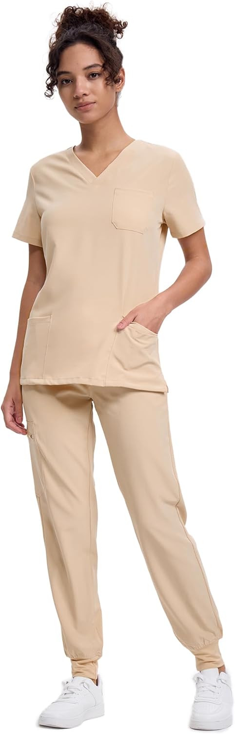 Women's V-Neck Scrubs Top & Cargo Pants Set with 10 Pockets