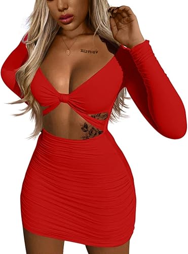 XXTAXN Women's Sexy Bodycon Deep V Neck Long Sleeve Dress