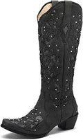 Tscoyuki Women's Rhinestones Western Knee High Boots - Embroidered