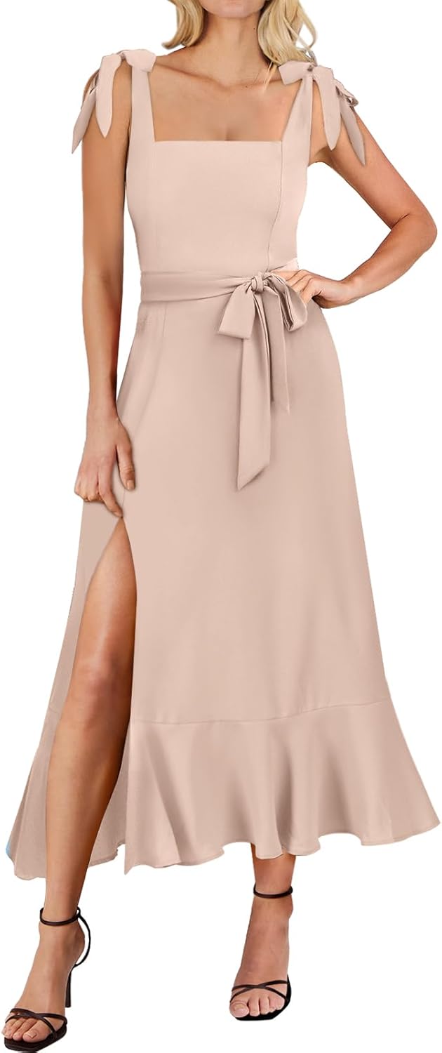 Elegant Women's Square Neck Ruffle Midi Dress for Events