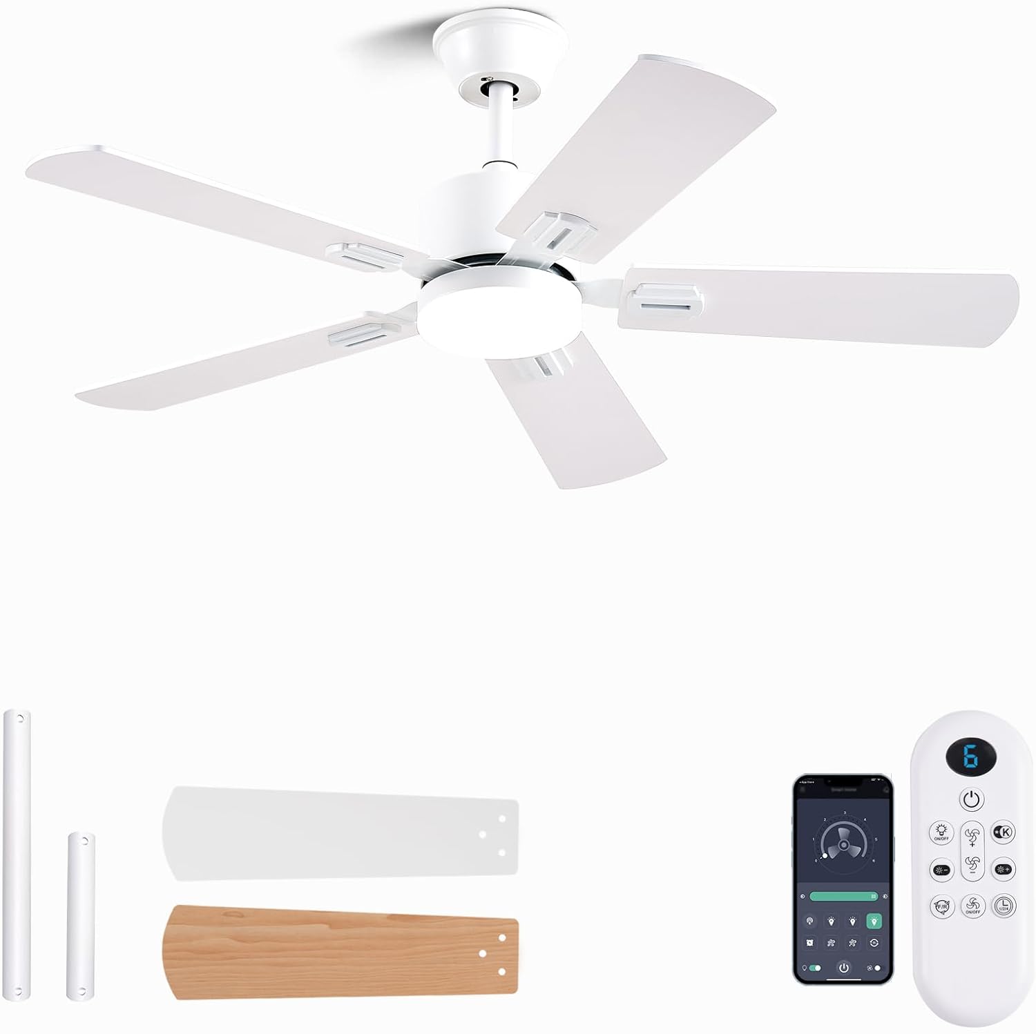 42 inch Modern White Ceiling Fan with Lights and Remote Control