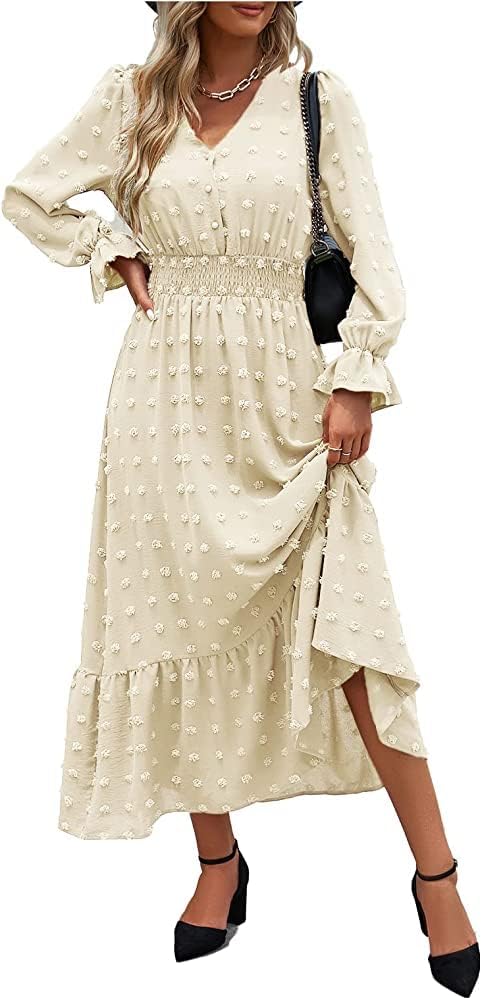 MASCOMODA Women Maxi Dress 2025 Fall Long Sleeve V Neck Style