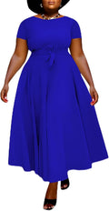 Women Plus Size Formal A Line Maxi Dress Self Tie Waist (Style 8G68)