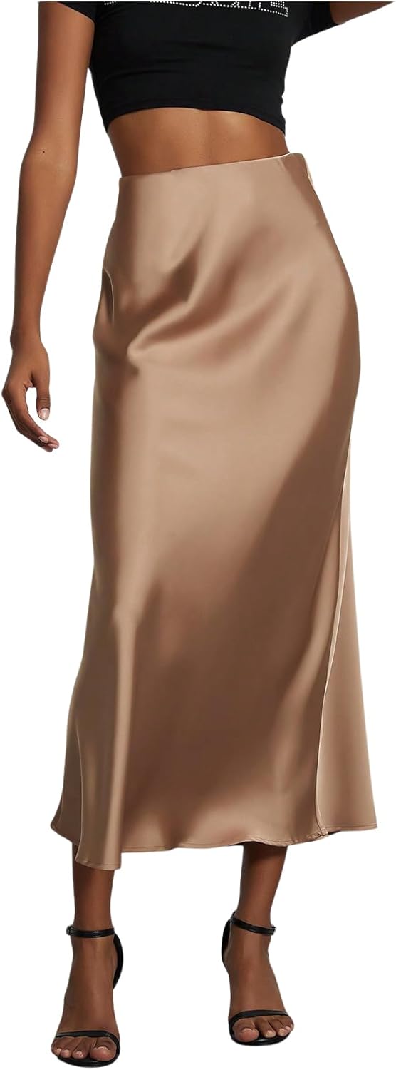 Elegant Satin Fishtail Midi Skirt for Women - Flared Style