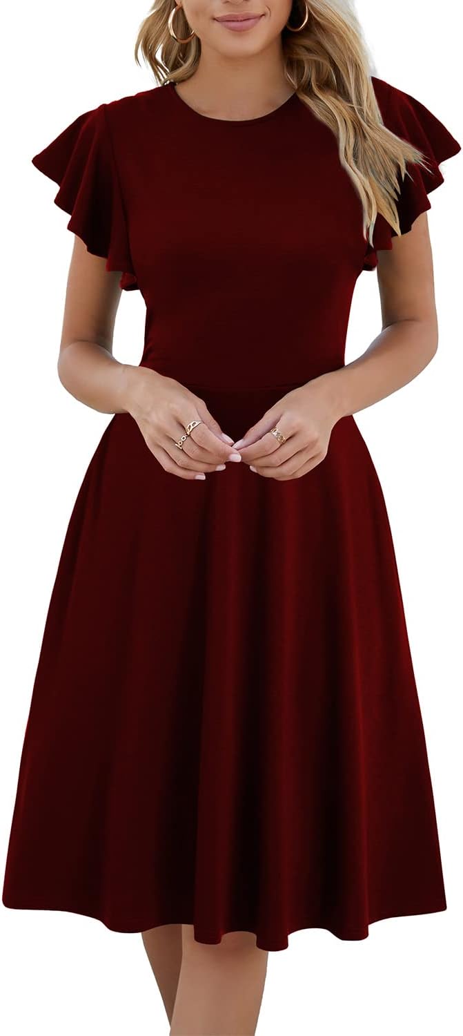 HELYO Women's Ruffle Sleeves V-Back Fit and Flare Dress