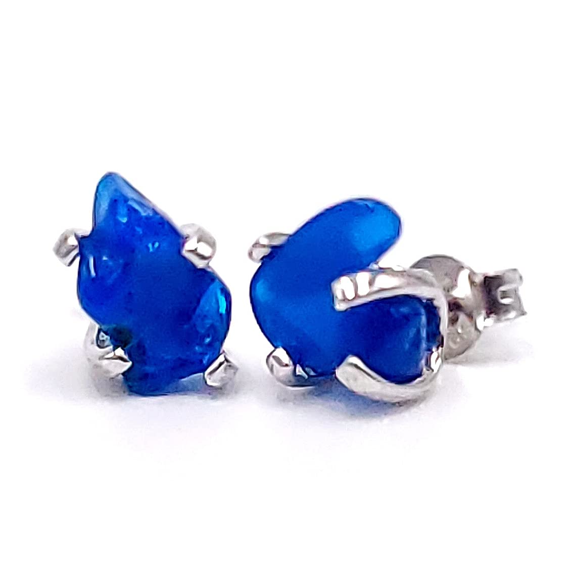 Natural Raw Blue Opal Stud Earrings in White Gold Over Silver