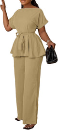Women's 2 Piece Peplum Top and Flared Pants Suit Set - Versatile neck