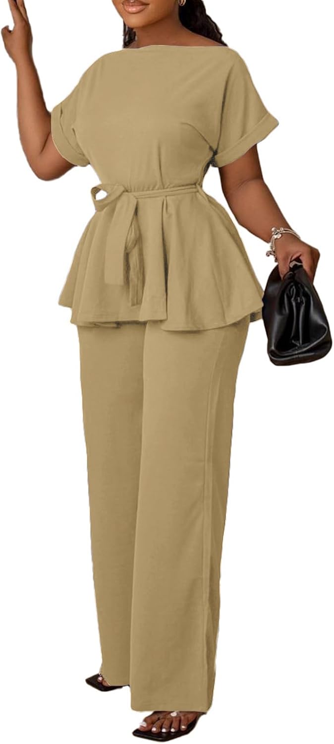 Women's 2 Piece Outfits Suit Set with Peplum Top and Flared Pants