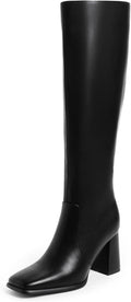 Knee High Boots for Women Square Toe Chunky Heel Tall Boot - Modatope
