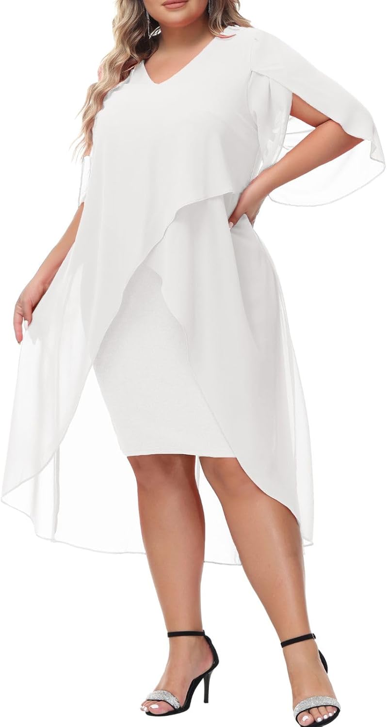 Plus Size Chiffon Cocktail Dress with Ruffle Sleeves for Elegance