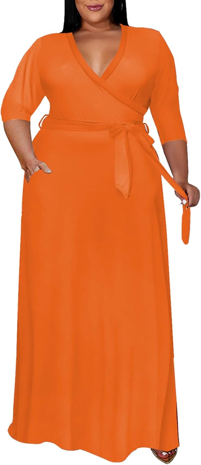 Runwind Plus Size Maxi Dress for Women - Elegant V Neck Style