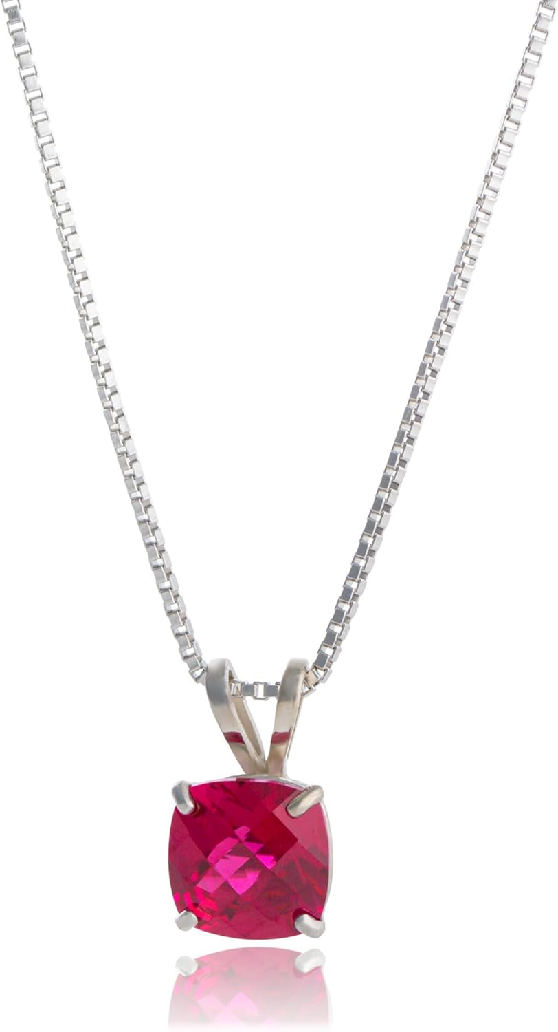 925 Sterling Silver Cushion Cut Ruby Birthstone Necklace for Women