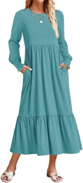 Women's Long Sleeve Tiered Midi Dress - Casual Pleated Pocketed