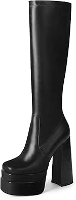 Stacked Platform Knee High Boots for Women with Chunky Heel