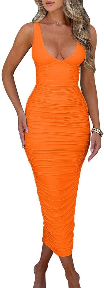 BEAGIMEG Women's Sexy Ruched Sleeveless Deep V Maxi Dress
