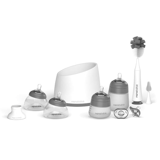 NanoBB Breastmilk Baby Bottle Set - Anti-Colic Nipples, Pacifiers, Warmer - Grey