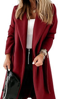 Womens Classic Coat Lapel Collar Open Front Belted Long Jacket - Soft