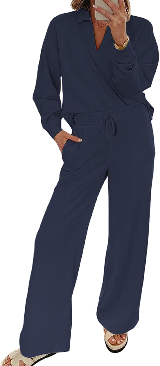 EVALESS Two Piece Sets for Women Casual V Neck Sweatshirt