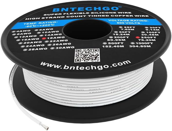 BNTECHGO 18 Gauge Silicone Wire Spool 250 ft White Flexible