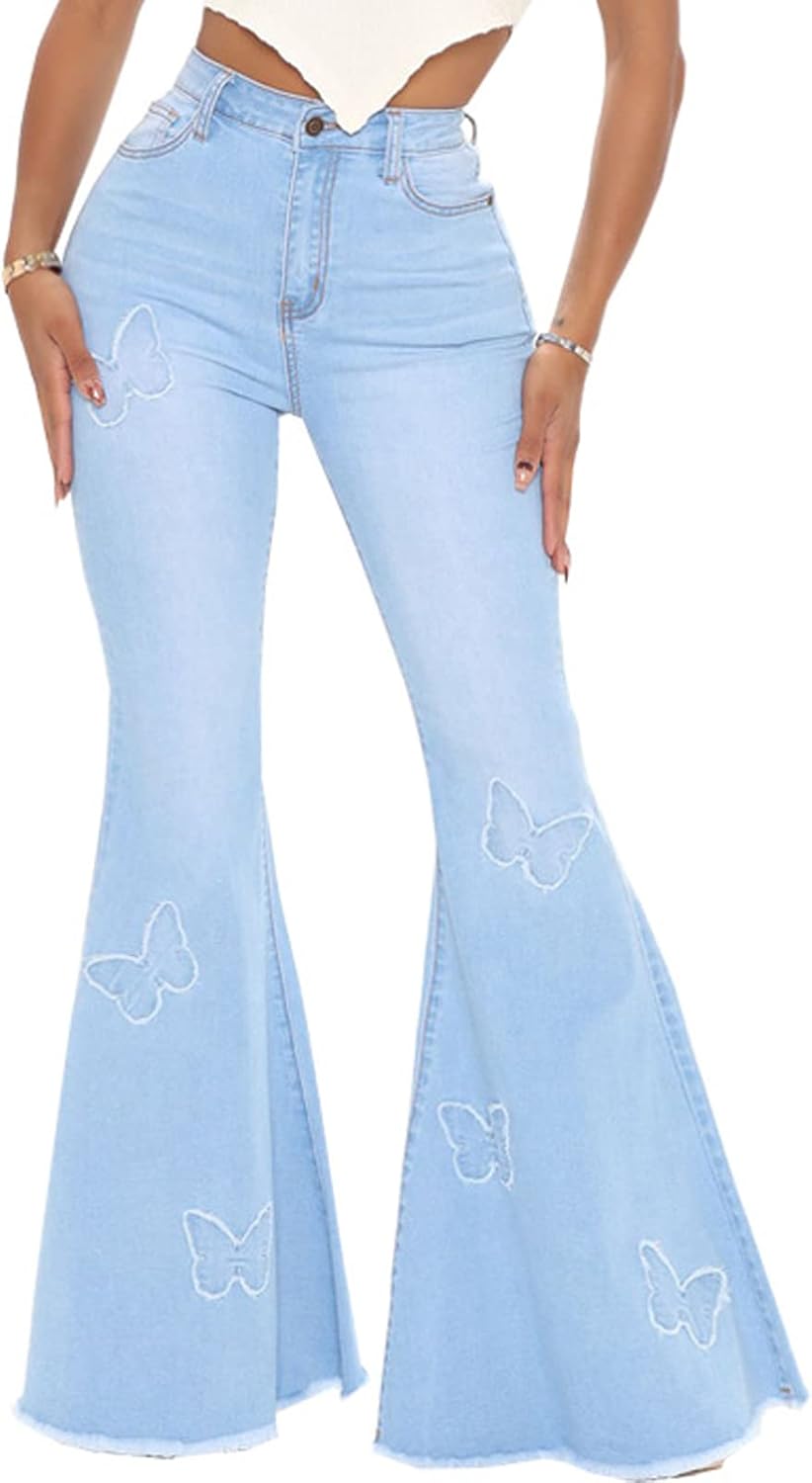 Women's Butterfly Bell Bottom Jeans for Chic Style and Comfort