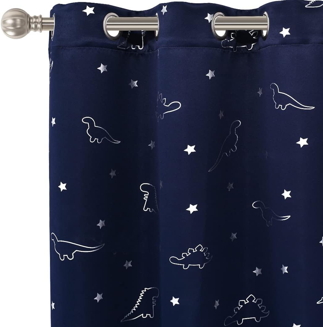 Dinosaur and Star Foil Print Blackout Curtains for Kids Room