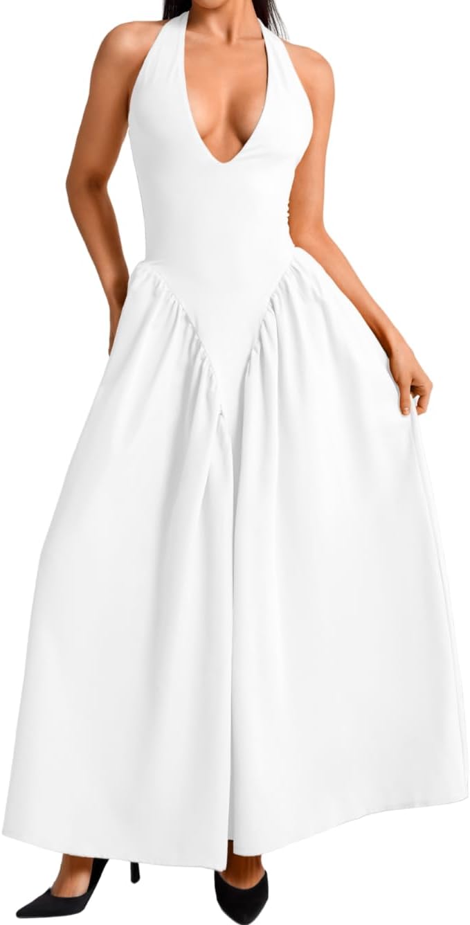 Deep V Neck Halter Maxi Dress for Vacation and Date Night
