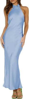 Satin Halter Neck Backless Maxi Dress for Women - Elegant Cowl Back