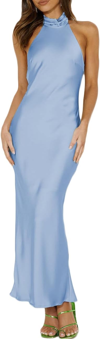 Phicia Sexy Satin Halter Neck Backless Maxi Dress for Women