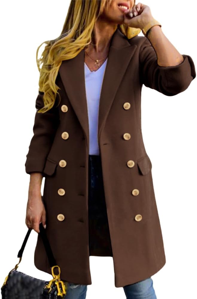 Womens Fall Winter Wool Coats Double Breasted Midi Peacoat