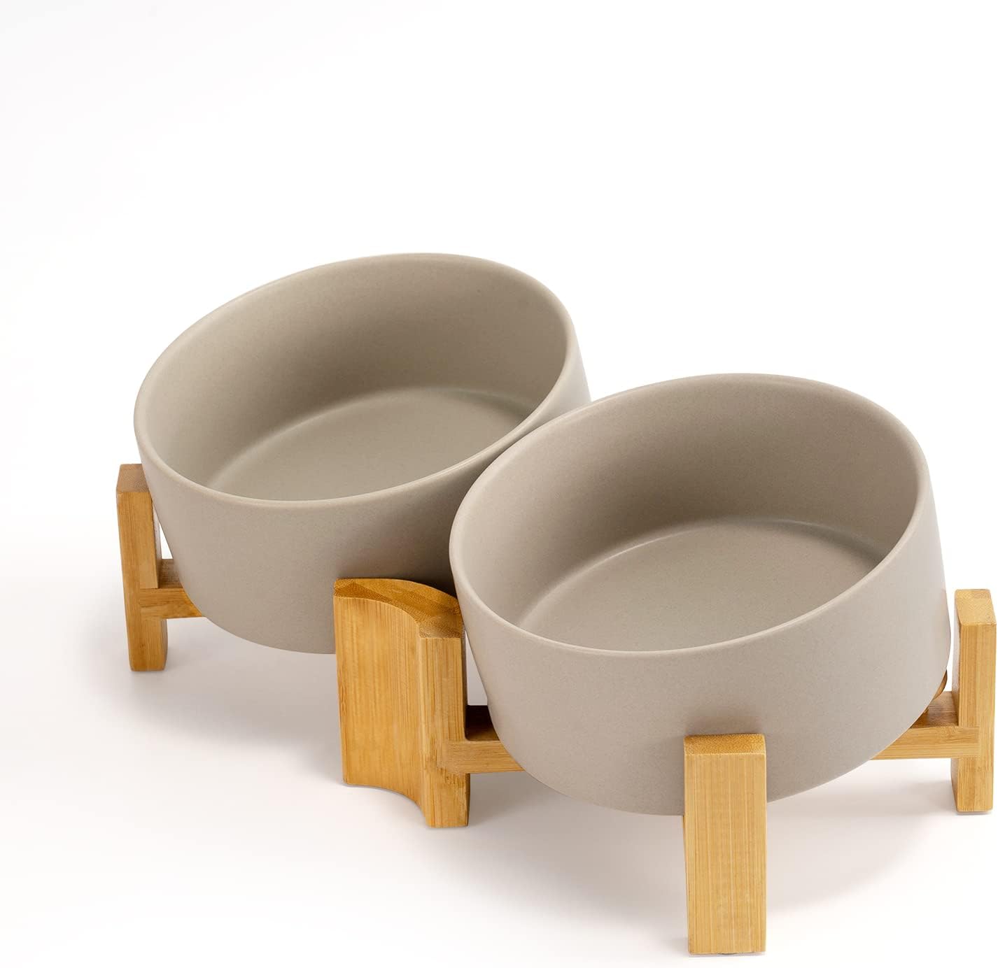 Slanted Ceramic Dog and Cat Bowl with Wooden Stand for Pets