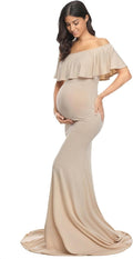 Glampunch Womens Off Shoulder Maternity Dress Ruffles Slim Maxi