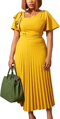 AOMEI Women's Short Sleeve Asymmetrical Ruffle Midi Dress - Flattering