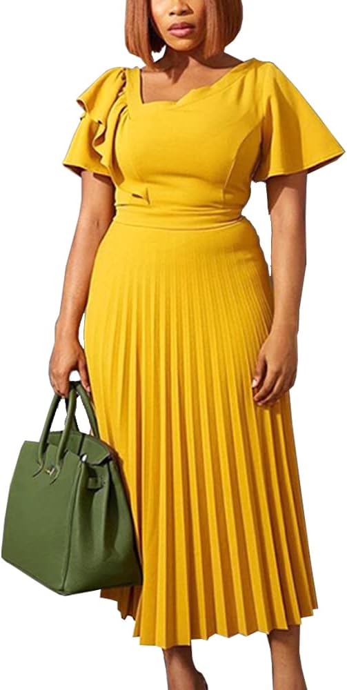 AOMEI Women's Short Sleeve Asymmetrical Ruffles Midi Dress