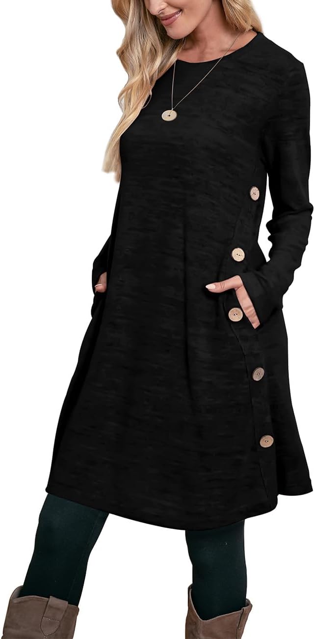 OFEEFAN Long Sleeve Dress for Women with Pockets and Buttons