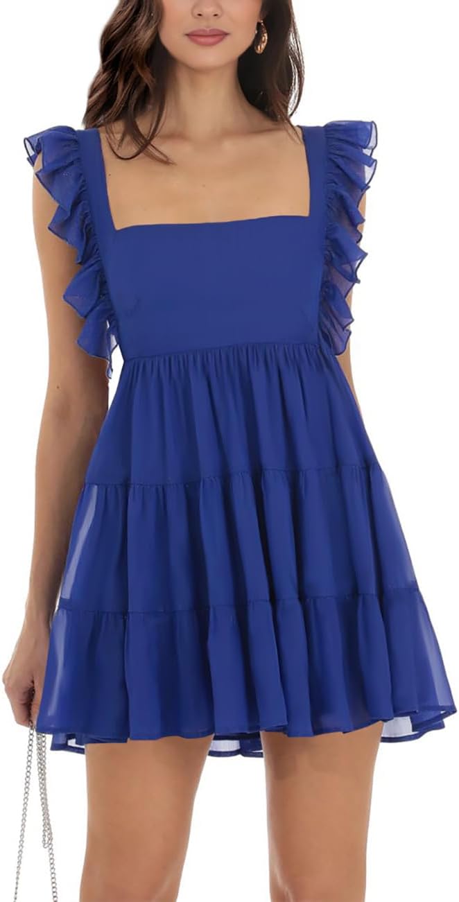 Womens Summer Square Neck Tie Back Ruffle Sleeve Mini Dress