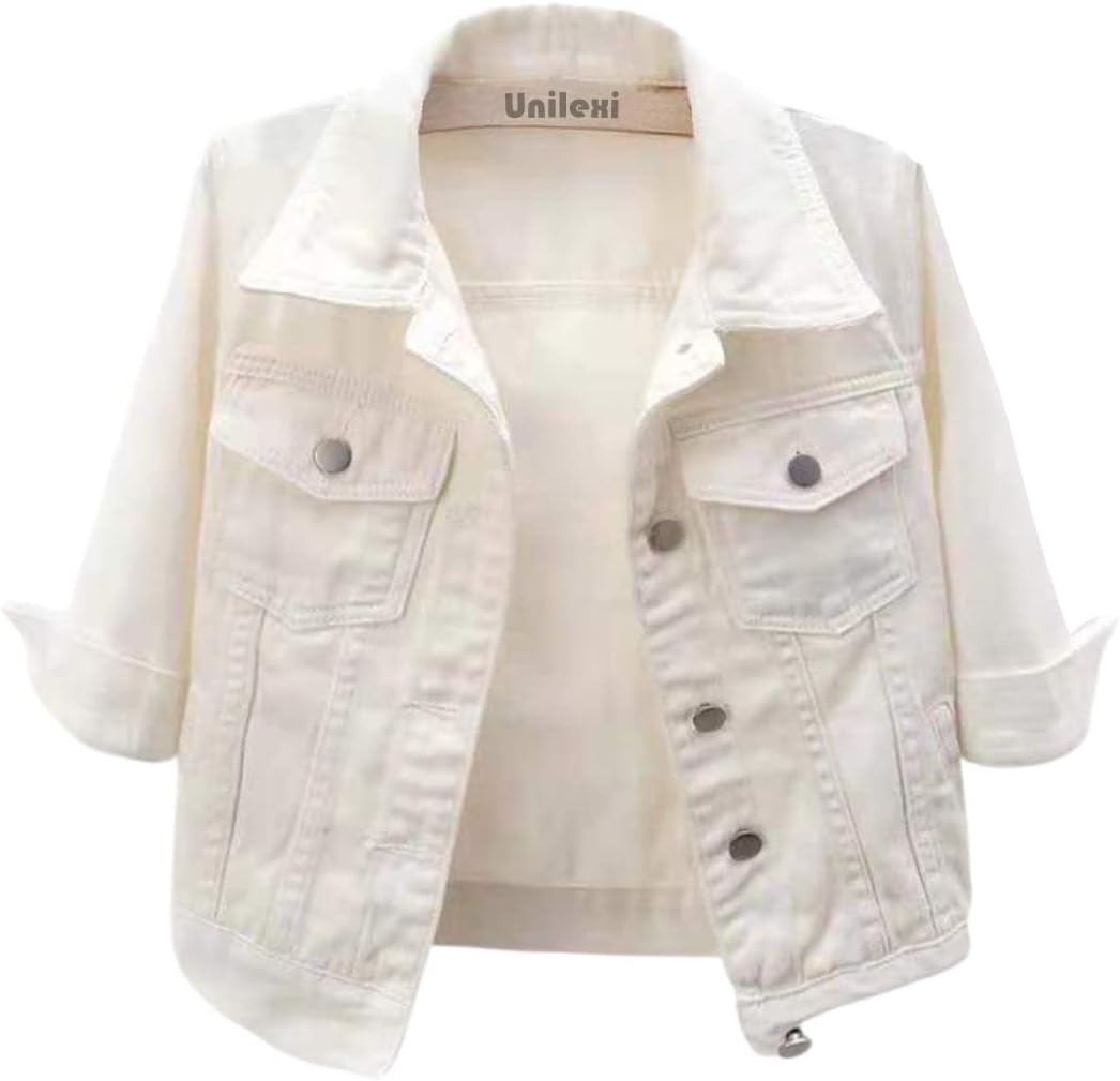Stylish 3/4 Sleeve Cropped Denim Jacket for Women in Light Wash