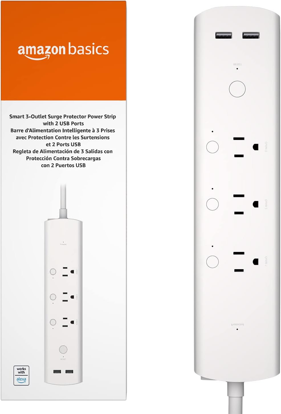 Basics Smart Power Strip: 3 Outlets, 2 USB Ports, Alexa Compatible