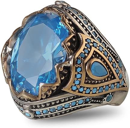 925 Sterling Silver Men's Ring with Genuine Blue Topaz Gemstone