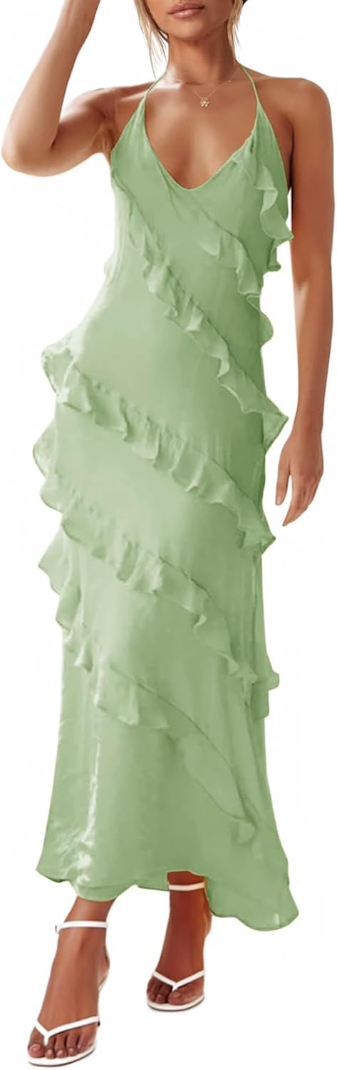 Womens Sexy Chiffon Halter Maxi Dress with Ruffle Detail