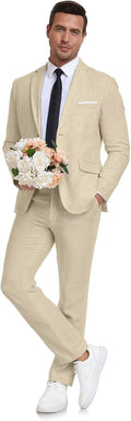 Men's Linen Suit 2 Piece Slim Fit Summer Beach Wedding Tux Aowdoy