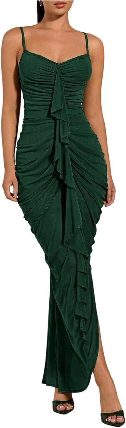 Elegant Bodycon Maxi Dress with Ruffle and Ruched Design