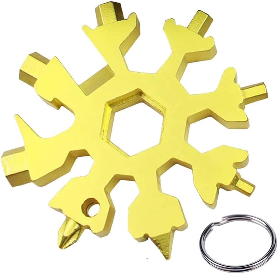 Snowflake Multi Tool: Ultimate Portable 18-in-1, Stainless Steel, Keychain Clip - Golden