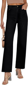 KDF High Waisted Straight Leg Jeans for Women with Frayed Hem