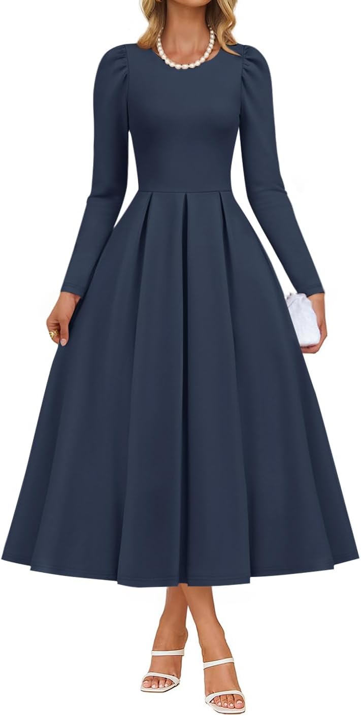 ZESICA Women's Long Sleeve Midi Dress for Elegant Occasions