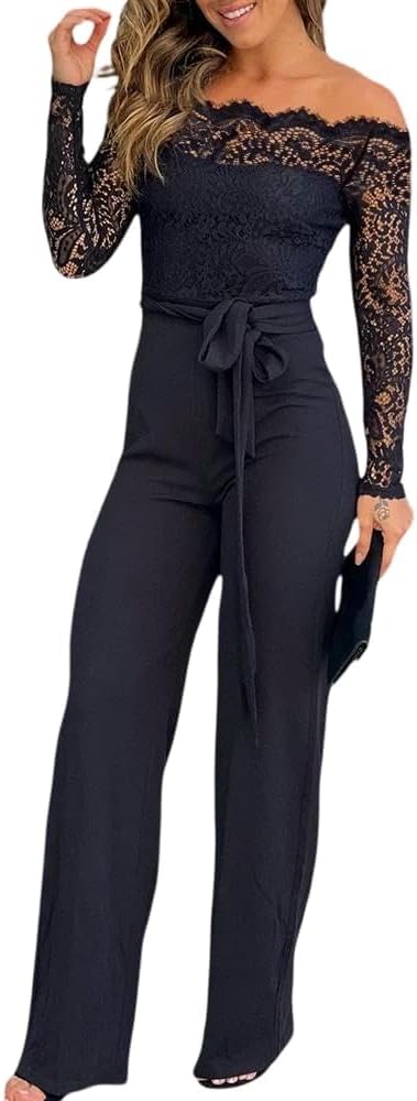 Chic Off-Shoulder Jumpsuit for Women with Lace Trim Elegance