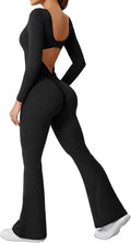 One Piece Wide Leg Jumpsuit - Backless V Scrunch Long Sleeve Fit