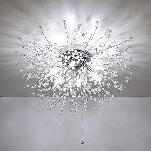 Modern Crystal Flush Mount Ceiling Light Fixture with Pull Chain